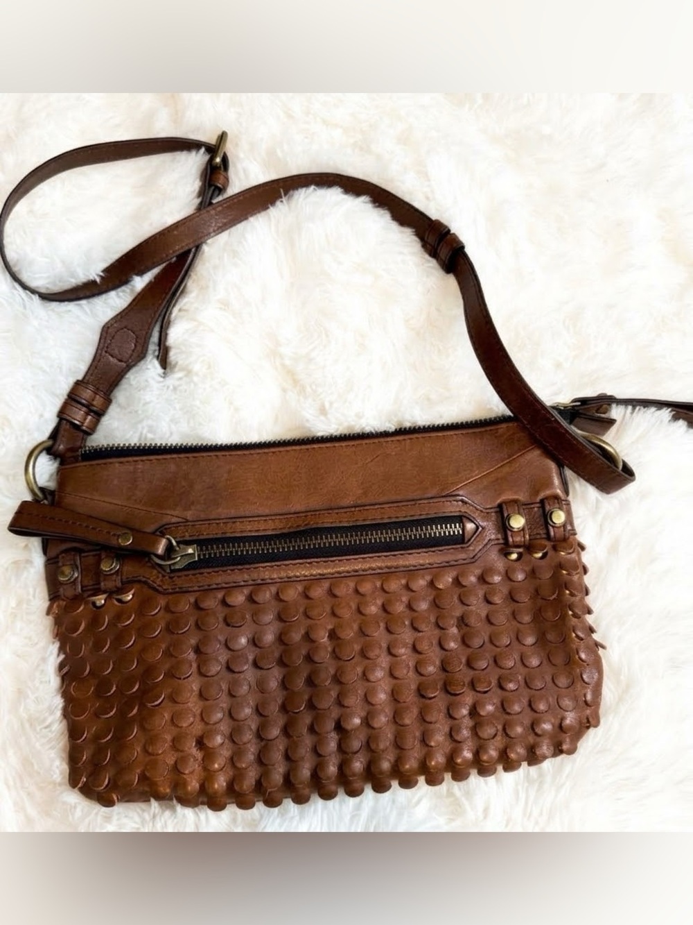 orYANY Cognac Brown Leather Studded Multi-Zip Crossbody Bag Boho Satchel